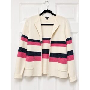 Talbots Cream Striped Cardigan Sweater Navy Pink Hook Eye Knit Blazer Womens L